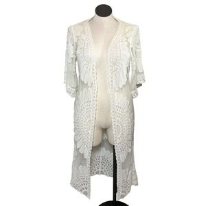 Cupshe Ivory Floral Lace Boho Kimono Maxi Swim Cover Up Long Sheer Mesh Medium